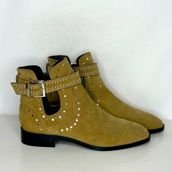 Zara Suede Ankle Boots Studs Buckle Low Heel Boho Western Sz 39 - Picture 1 of 11
